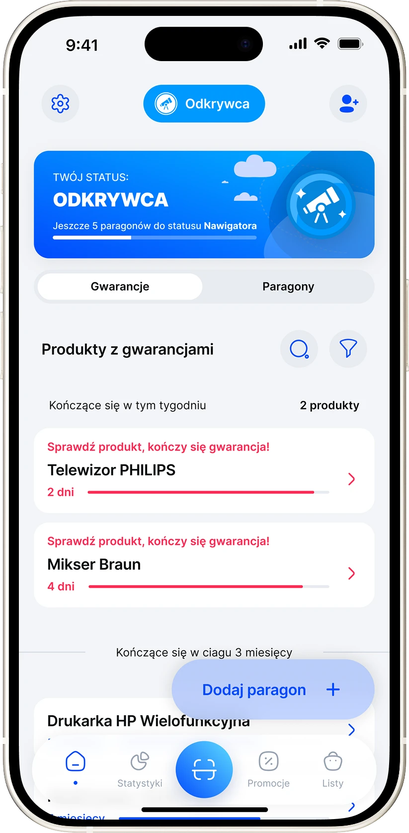 Lista produktów na gwarancji w aplikacji Jak Wydaję, z czasem pozostałym do końca ochrony