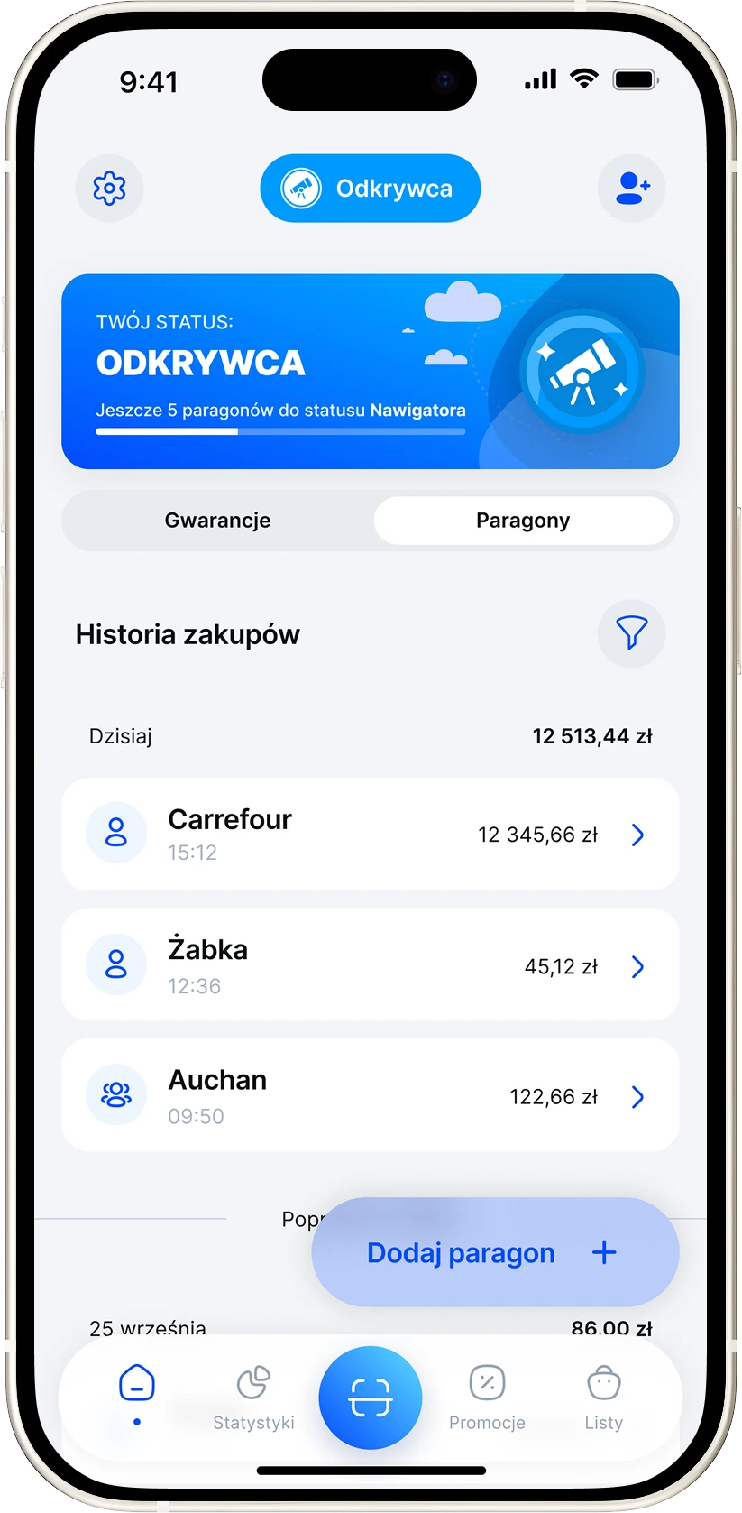 Ekran historii zakupów w aplikacji Jak Wydaję z paragonami z Carrefoura i Żabki
