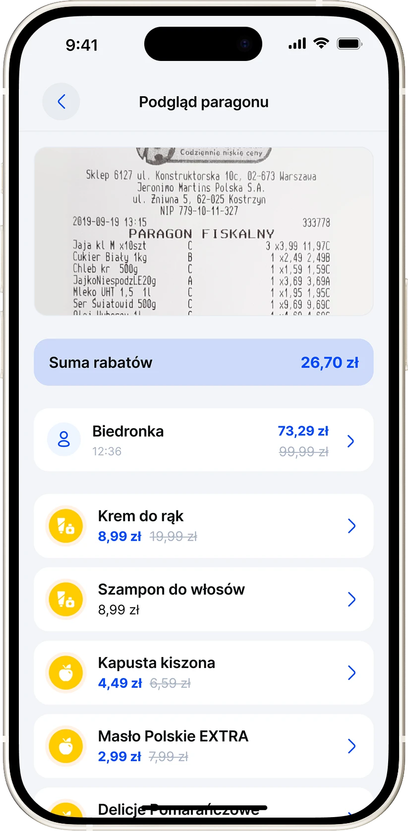 Podgląd odnalezionego paragonu w aplikacji Jak Wydaję z listą produktów i sumą rabatów