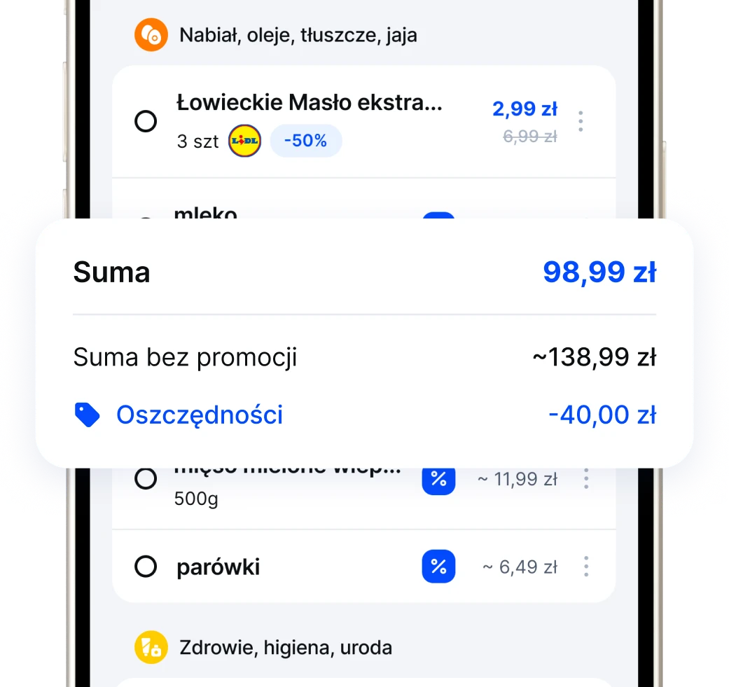 Ekran aplikacji z sumą koszyka, ceną bez promocji i kwotą oszczędności